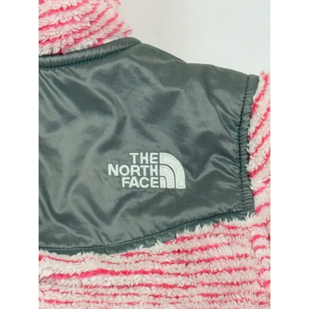 The North Face Girls Pink White Striped Full Zip Hooded‎ Fleece Jacket L (14/16)